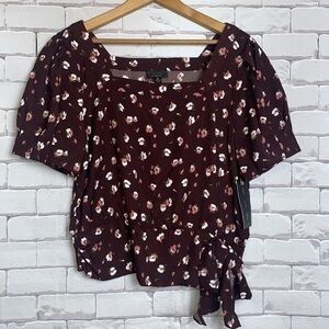 OLM medium floral blouse - cinched waist with tie - short pleated sleeves - NWT